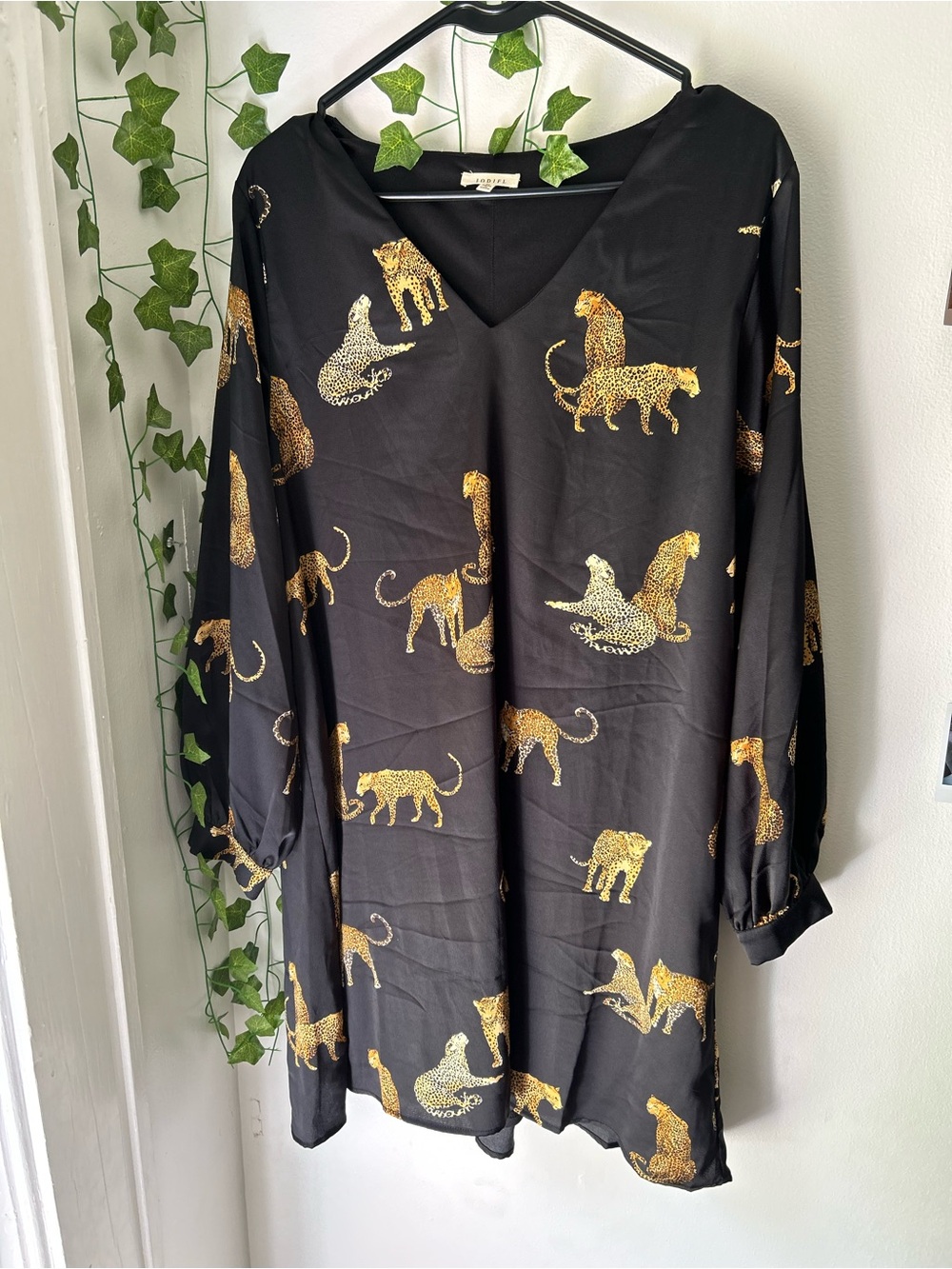 JODIFL Black Dress with Gold Leopard Print, Long Sleeve V-Neck